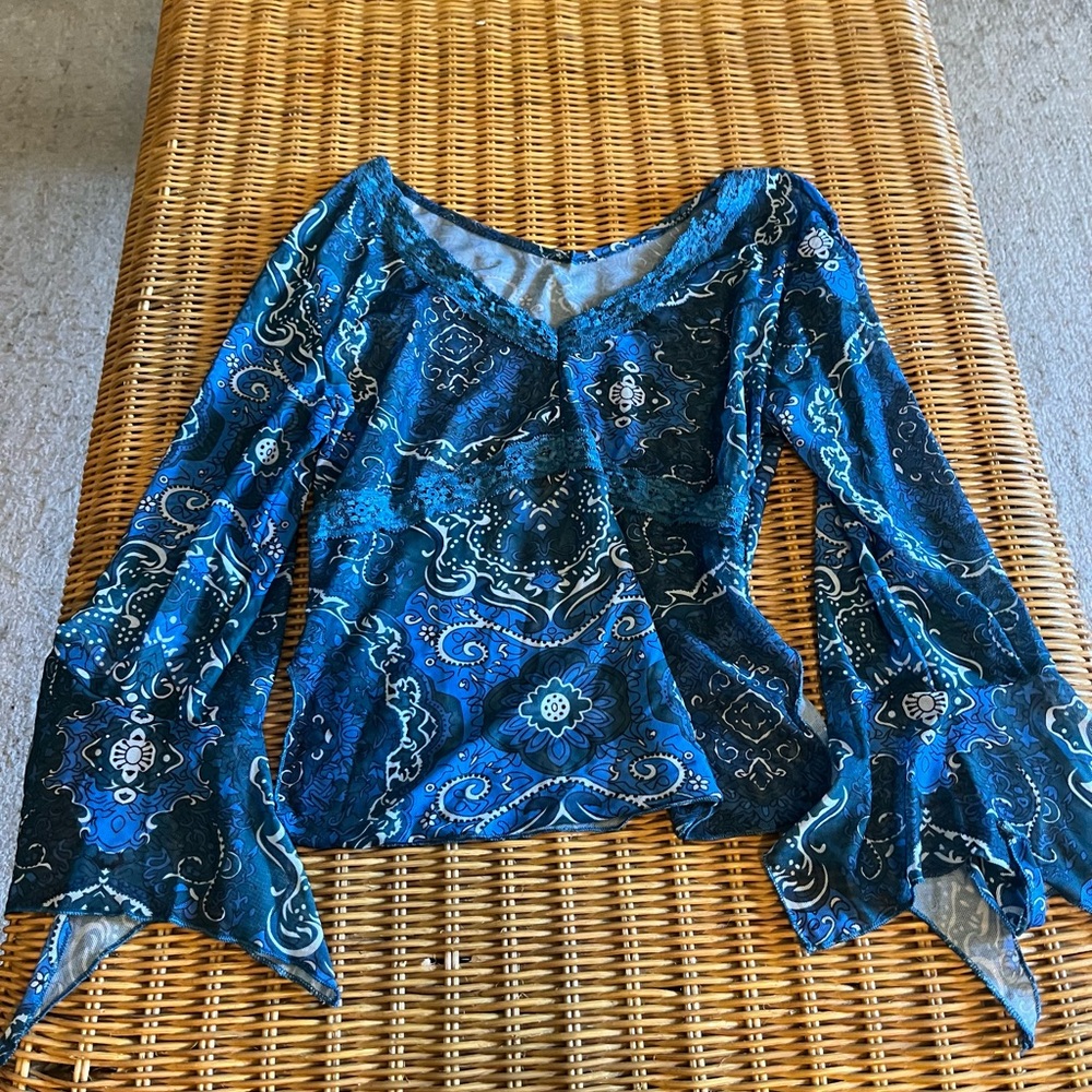 Sexy Blue patterned, Lace details ,  longsleeve top